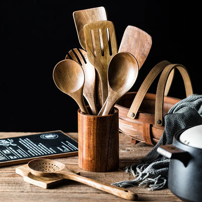 9-Piece Teak Cooking Utensil Set with Holder