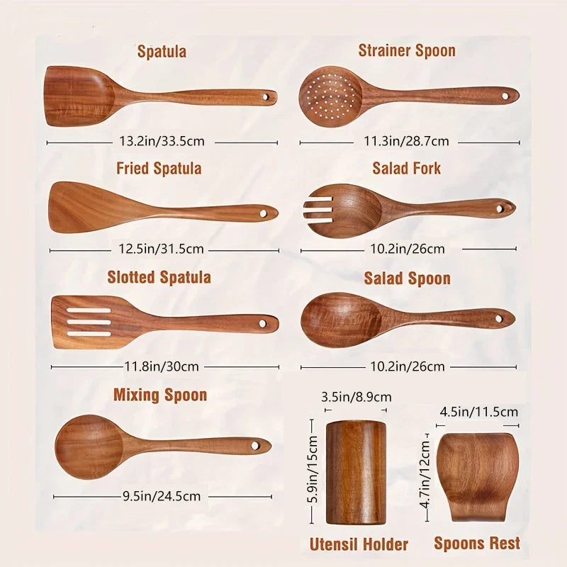 9-Piece Teak Cooking Utensil Set with Holder