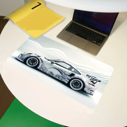 White Sports Car Gaming Desk Mat