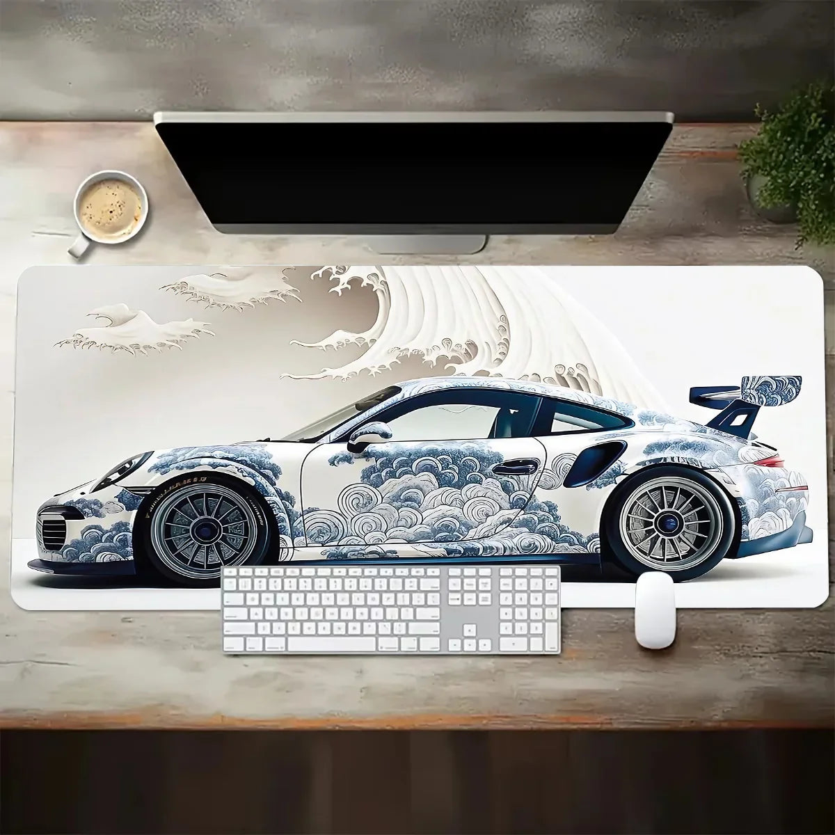White Sports Car Gaming Desk Mat