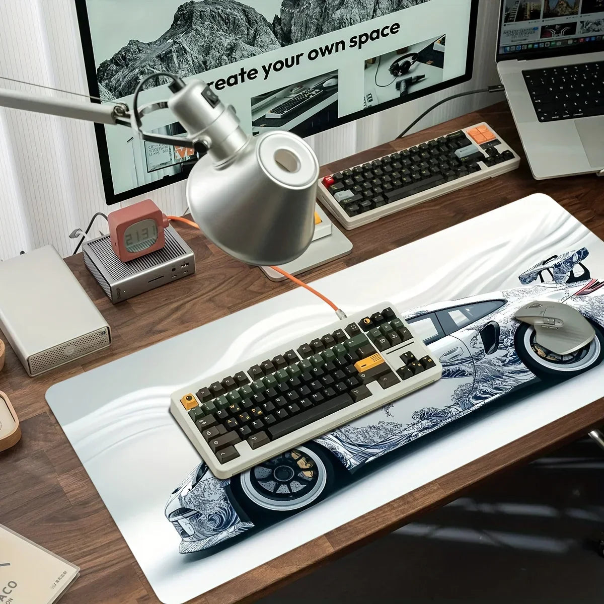 White Sports Car Gaming Desk Mat
