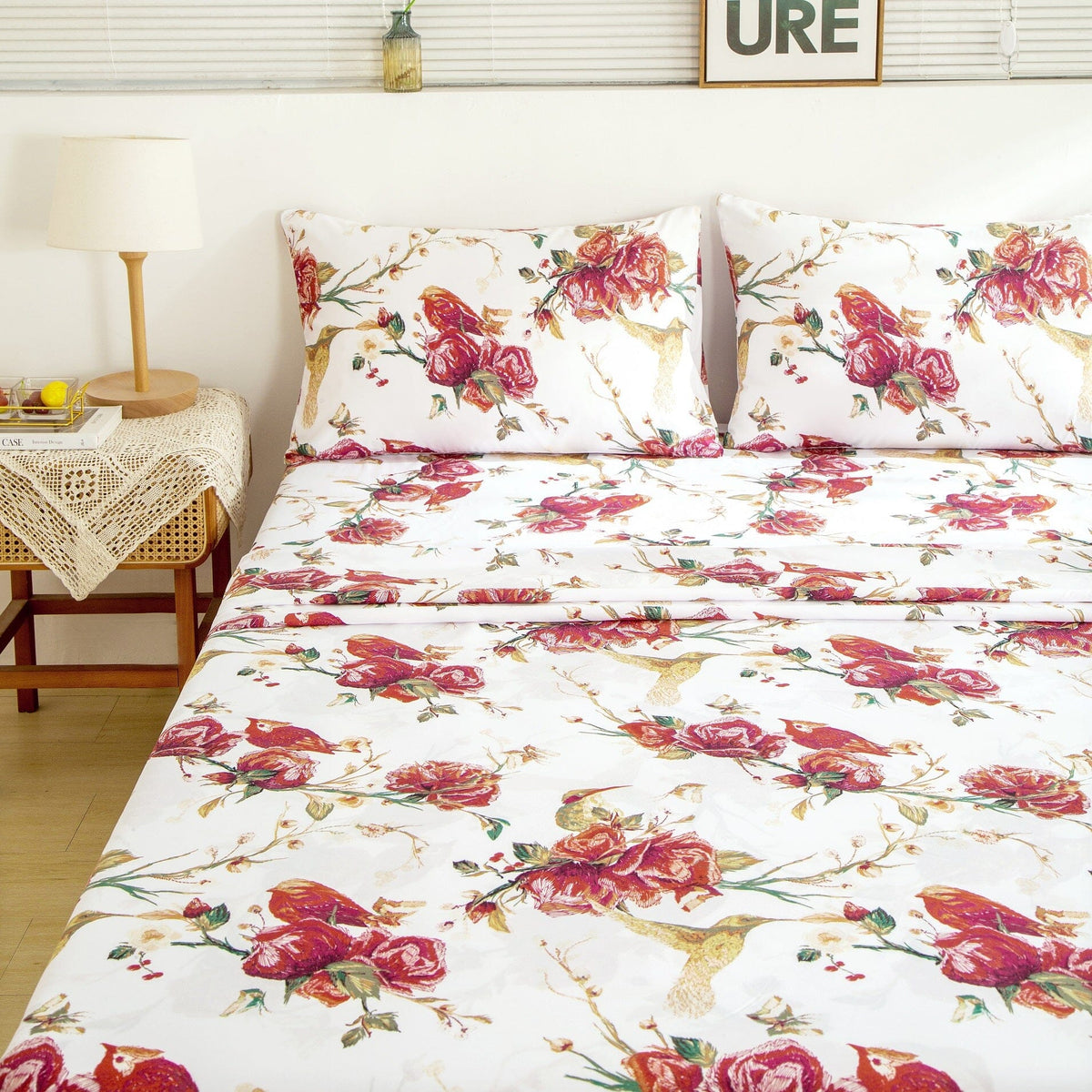 Tache Burgundy Hummingbird Rose Garden Sheet Set