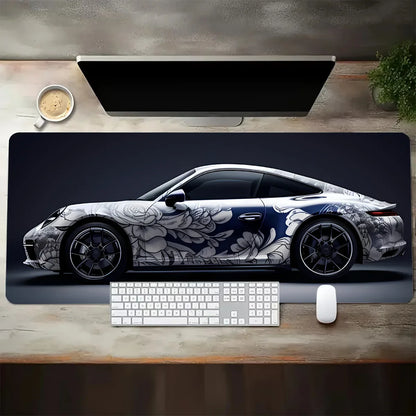 White Sports Car Gaming Desk Mat