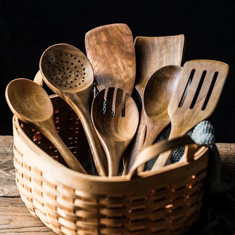 9-Piece Teak Cooking Utensil Set with Holder