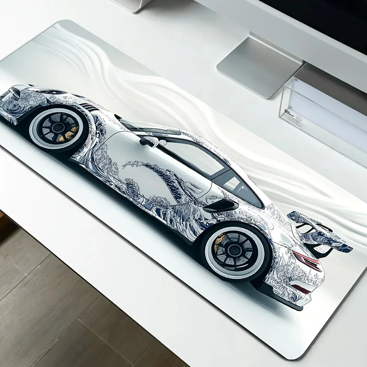 White Sports Car Gaming Desk Mat