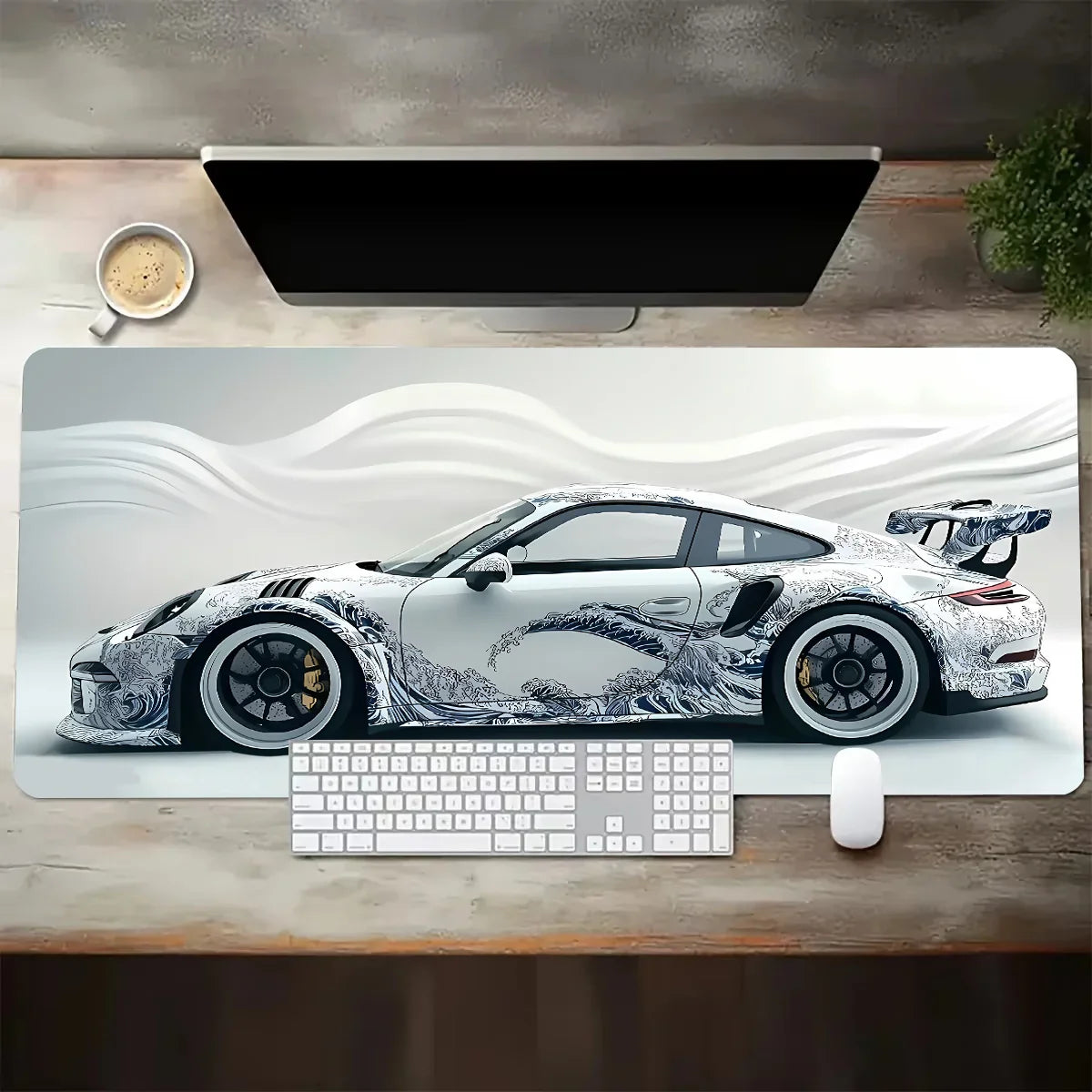 White Sports Car Gaming Desk Mat