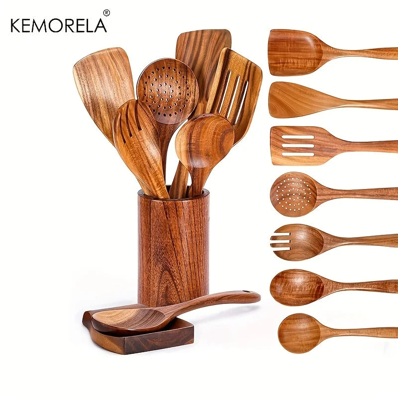 9-Piece Teak Cooking Utensil Set with Holder