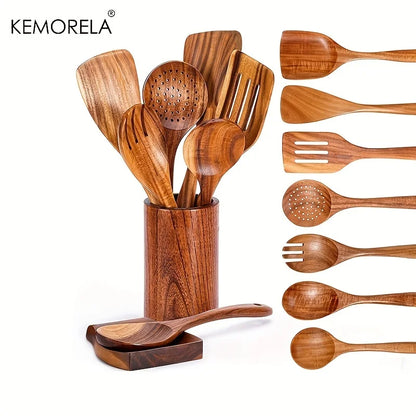 9-Piece Teak Cooking Utensil Set with Holder