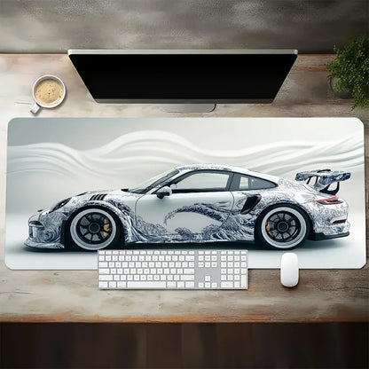 White Sports Car Gaming Desk Mat