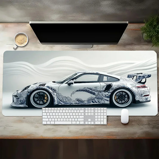 White Sports Car Gaming Desk Mat