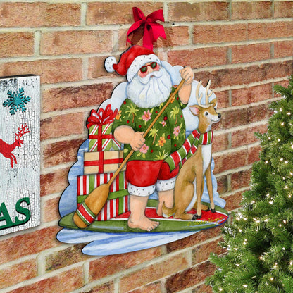 Paddleboarding Santa Wooden Door Hanger